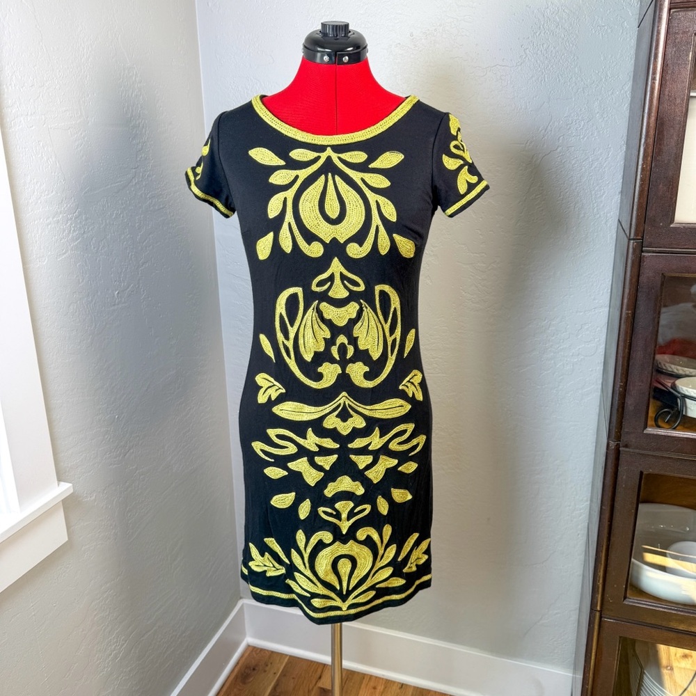 INC International Concepts Black Dress Lime Green Embroidery Size S